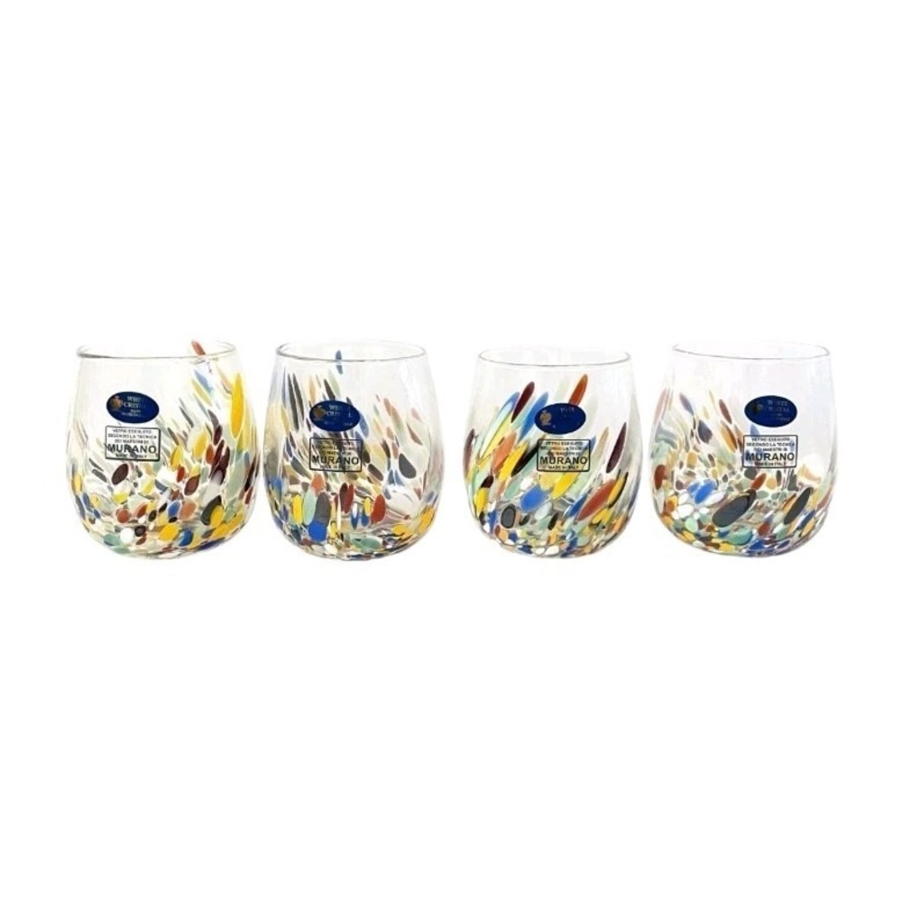 Murano Art Glass Tumblers Wine Set of 4 White Cristal Confetti Made in Italy